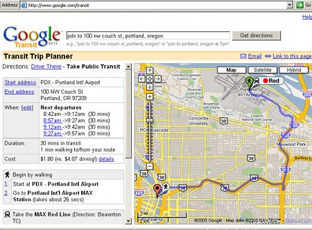 　Googleが公共交通機関の路線情報サービス「Google Transit」を公開した。このサービスは現在、オレゴン州ポートランド限定で提供されている。