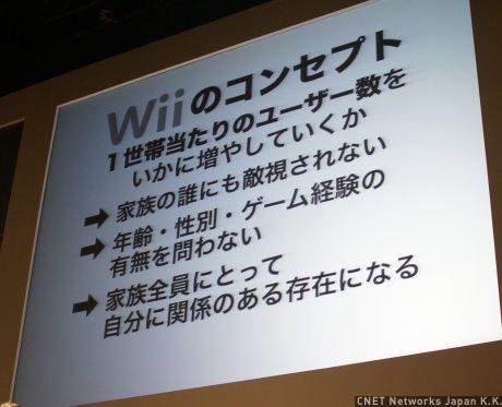 Wiiの基本コンセプト。ハードウェアの設計思想からソフトの開発、果ては広報展開まで、すべてにおいてこの思想を徹底的に検討し作られたのがWiiと任天堂社長の岩田氏は語った。