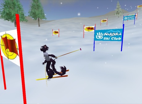 　Nakiska Ski Club（Nakiska 216, 50, 131）。板とストックを入手するには、テレポート後に到着した場所の背後にある「Touch desk to get free skis」と書かれたボードをクリックし、画面右上に表示されるメッセージでKeepボタンをクリックする。