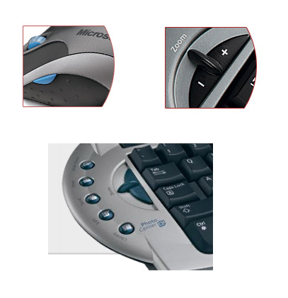 　マウスはチルトホイールを搭載する（左上）。キーボードのズームスライダを利用して、ファイルなどの画面表示を拡大したり、縮小したりすることも可能（右上）。また、キーボードには、写真などの画像を編集するためのボタンが用意されている（下）。