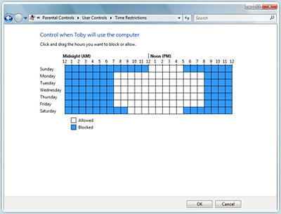 Microsoftの「Windows Vista」では、親は子どもがコンピュータを使用できる曜日や時間帯を指定することが可能だ。時間ごとに区切られた週間予定表を利用する仕組みになっている。