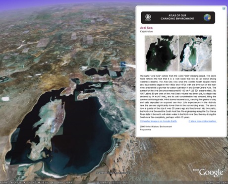　Google Earthでアラル海に移動し、UNEPが提供する今と昔に関する情報を表示した写真。