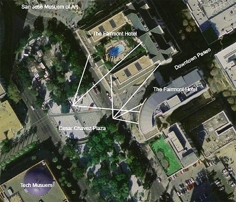 　Sukumaran氏が先週発表した双方向芸術の舞台となったのは、Cesar Chavez Plazaと同公園に隣接するFairmont Hotelである。