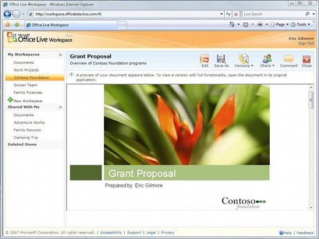 　Office Live Workspaceで表示させたPowerPointドキュメントのプレビュー画面。ライバル製品である「Google Docs」とは違い、ドキュメントの編集はできない。