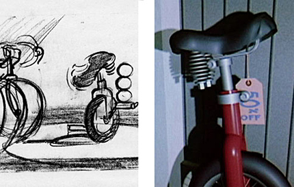 　Pixarが1987年の短編「Red's Dream（レッズ・ドリーム）」を製作するまで、夜間のシーンはデジタルアニメーション映画では珍しかった。同作品では、Ebenの自転車屋で特売コーナーに寂しく置かれたRedという一輪車が描かれている。