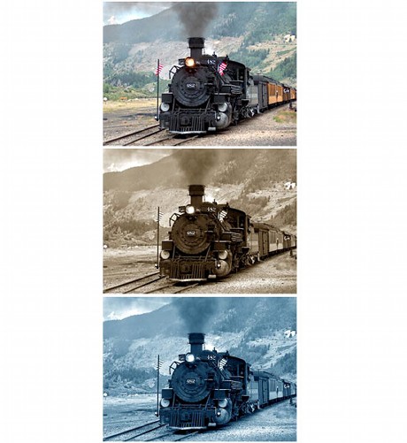 　撮影後の写真を加工するには、コンピュータに取り込んでから、写真加工ソフトウェアで処理する必要がある。写真は汽車の写真を加工して、セピア調やブルーバック、白黒などに調節することができる。