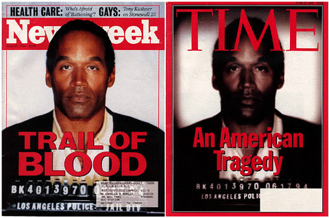 　右側のO.J. Simpson氏の加工写真は1994年6月にTime誌の表紙に掲載された。Simpson氏が殺人容疑で逮捕された直後のことである。この加工写真のオリジナル版は未修正のままNewsweek誌の表紙にも登場した。Time誌は、Simpson氏がより「暗く」「恐ろしく」見えるように処理したことを非難された。
