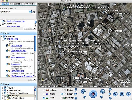 　Google Earth 3.1で表示されるサンフランシスコのダウンタウン。画像周辺部が不鮮明になっている。