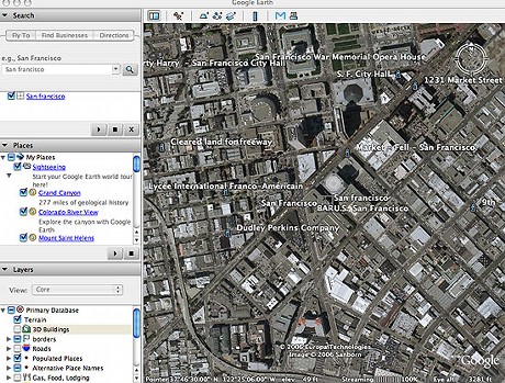 　Google Earth 4.0で同じ場所を表示すると、画像周辺部が鮮明になっているのが分かる。また、コントロール部はメイン画像の下から右上に移動されている。コントロール部はマウスを置くまでは表示されない。