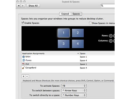 　Spaces：Leopardの新機能である「Spaces」を使うことで、複数のデスクトップを操作することができる。最大で16個までデスクトップを追加できる。アプリケーションが常に特定のデスクトップスペースで起動するように設定することができる。