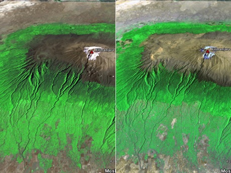 　Google Earthのキリマンジャロ周辺ポイントには、1976年撮影の雪に覆われた山の衛星写真（左）のほか、雪のない最近の画像（右）も呼び出せるアイコンが表示される。タイムラインスライドバーを操作すれば、これら2枚の写真を切り替えて、大きな変化を確認することができる。