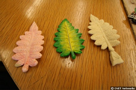 　Pleoが「食べる」葉の試作品。写真中央の葉は製造段階で、左と右は試作品。