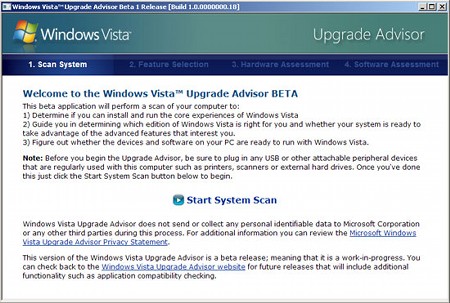 　Microsoftが提供するUpgrade Advisorの最初の画面。ユーザーはこれを使って、自分の所有するPCがWindows Vistaを動作可能か否かを診断できる。