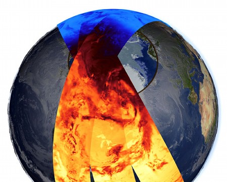 　サンフランシスコで開催中の「2005 American Geophysical Union」では、科学者らがNASAの衛星写真等を使って氷圏の様子を披露している。これは、NASAのClouds and the Earth's Radiant Energy Systemが2003年6月20日に大気の正味フラックスを測定したときのもの。昼間の時間帯を迎える地域（オレンジや赤色で表示されている場所）では温度が上昇し、夜間の時間帯を迎える地域（青色で表示されている場所）では温度が低下しているのが分かる。