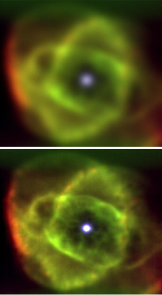 　パロマー天文台の200インチ望遠鏡からみたキャッツアイ星雲。上の画像は従来のもの。下の画像は「Lucky Imaging 」技術を使用したもの。Lucky Imaging技術とは、毎秒20枚の撮影が可能なハイスピードカメラを利用し、パーツごとに最も鮮明に映った画像を選び出して、1枚の画像に仕上げる技術のことである。