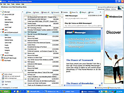 　Windows Live Mail Desktopでは、複数のメールアカウントを閲覧する場合、Outlookと同じ使用感を得ることができる。無償版では、画像を使った広告がプログラム右側に表示される。
