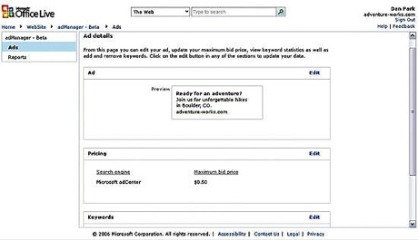　Office Liveに搭載されている「AdManager」のスクリーンショット。小規模企業はこれを使って、オンラインでキーワード検索広告を管理できる。Microsoftの「Windows Live Search」に対応している。