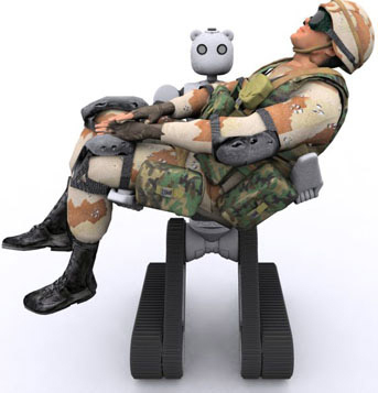 　危険な作業でロボットの利用を目指す最新の取り組みとして、負傷兵を戦場から救出するロボット「BEAR（Battlefield Extraction and Retrieval Robot）」をVecna Technologiesが発表した。同社によると、現在はまだプロトタイプだが、実際の兵士と同体重のマネキン人形を持ち上げ、直立したまま50分以上連続で運ぶことが可能だという。