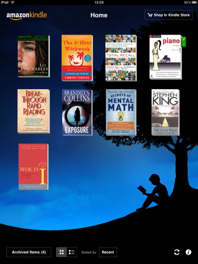 ■Kindle
無料

　Kindleは、Amazon.comで販売されているKindle版書籍を読むためのアプリだ。Kindle本体を持っていなくても、Amazon.comにアカウントがあれば、このアプリを使ってiPadで本が読める。残念ながら、日本語の本は販売されていないが、洋書をよく読む者にとっては、62万冊を超える本のラインアップは魅力的だ。