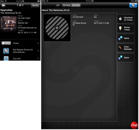 5. Shazam（無料：iPad版、iPhone版）

　「Shazam」もMidomiと同様の音楽認識サービスだ。iPad版ではすべてのUIが画面の下部から横に移されている。ユーザーは横に配置されたタブからさまざまな機能を選択できる。しかし、コア部分の認識エンジンは従来のものと同じだ。