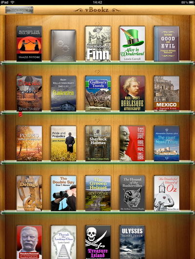 　アプリを起動すると、木製の本棚に美しく陳列された画面が表示される。新しい本をダウンロードする場合は、画面左上の銀色の「New Books」タグをタップする。本は検索のほか、人気ランキングからダウンロードすることもできる。本棚に戻ったら、好きな本をタップしよう。