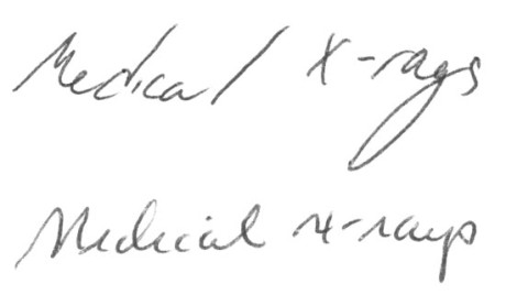 　24歳未満の筆跡（上段）は、医師のものとしてあまりに稚拙だが、これらの筆跡はもう片方のグループに属さないことを示すのには十分だ。「d」と「x」の文字の違いに注目してほしい。　　