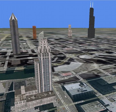 　シカゴの高層ビル群の中のTribune TowerとSears Tower。Google Earthとは異なり、Microsoft Virtual Earthは3Dオブジェクトに名称のラベルを付けていない。したがって、3Dマップをブラウジングしながら目的のビルを見つけるには、ビルの外観を知っていなければならないのだ。外観がわからない場合は、建物の名前で直接検索をかけ、その3D表示を探さねばならない。