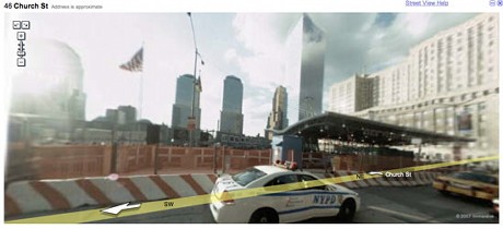 　Googleの新しいStreet View地図機能で表示したマンハッタンにある世界貿易センターの周辺。