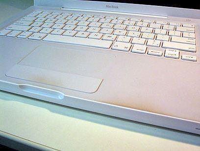 　MacBookのリストレストとタッチパッドボタン周辺に現れた変色。