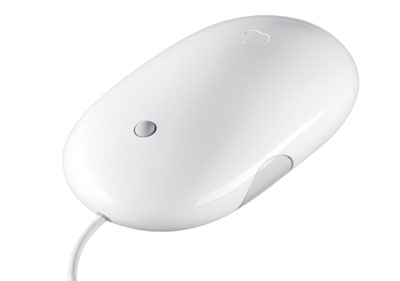 　2005年に発売されたオリジナル版「しっぽ」付きMighty Mouse。指1本で360度の移動が可能なスクロールボールや、本体上のクリックされた場所を感知可能なタッチセンサーなどが備わっている。