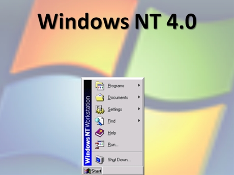 　Windows 95が発売されてすぐ、「Windows NT 4.0」が登場し、同じく新しいStartメニューに対応した。基本的には同等の機能となっているが、カラーのグラデーションを施した部分の上にOS名が縦書きされている。