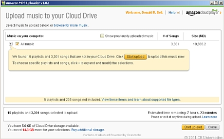 Cloud Driveへのアップロード

　Amazonのソフトウェアは、インストールされると、ユーザーが所有するドライブのクイックスキャンを始め、アップロード可能な音楽ファイルの数と利用しているプランでの利用可能なストレージ容量を報告する。
