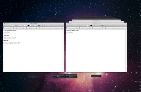 オートセーブとバージョンを使えば、AppleのバックアップシステムTime Machineと同じ方法で文書の以前のバージョンを閲覧することができる。