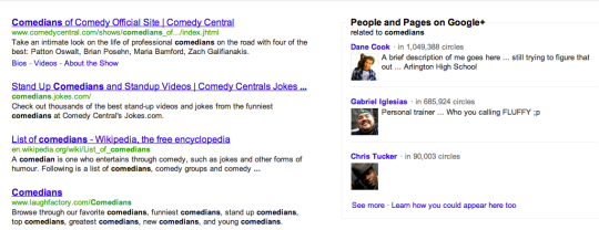 Googleのソーシャル検索を利用して「comedians」でGoogle検索した結果