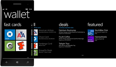 「ウォレット」とNFCの機能

　Windows Phone 8の端末には、短距離無線通信（NFC）の機能に加え、「ウォレット」機能も搭載される。この機能で、クレジットカード決済やアプリ内課金の処理、クーポンでの取引を行うことができる。
