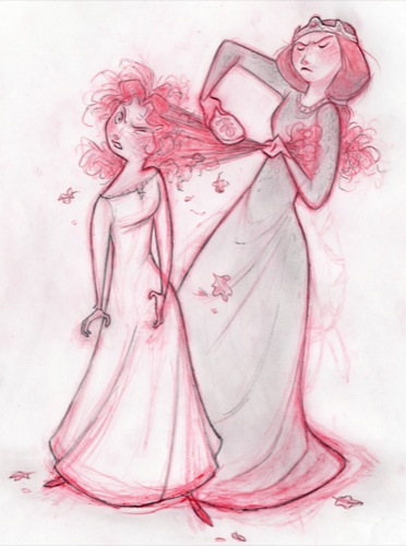 　Pixarの「メリダとおそろしの森」のラフスケッチ。映画の主人公であるメリダの赤い巻き毛に、母親がブラシをかけている。