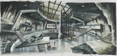 　プロダクションデザイナーのKenneth Adam氏は、1967年の「007は二度死ぬ」で重要な役割を果たした、日本の火山にある秘密基地の初期のコンセプト画を描いた。