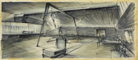 　プロダクションデザイナーのKenneth Adam氏によるこのコンセプト画には、「007ゴールドフィンガー」に登場する、レーザー作業台のある部屋が描かれている。1964年公開の同作は、映画に初めてレーザーを登場させるという、時代の先を行くものだった。