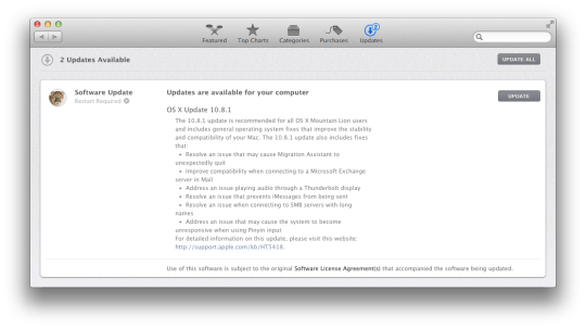Mac App Storeで提供可能になっているOS X 10.8.1アップデート