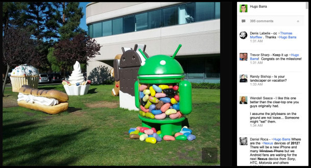 「Android」製品管理担当ディレクターを務めるHugo Barra氏は、Android端末のアクティベーション数が5億台に達したことを述べるとともに、Jelly BeanオブジェがGoogleの敷地内に戻ってきたことを明らかにした。