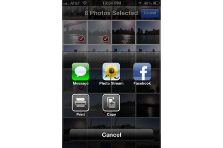 写真を共有するには、共有ボタンを押して写真を選択し、「Photo Stream」をタッチする。