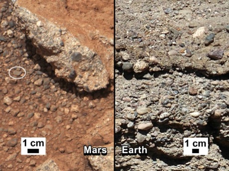 　火星のリンク露頭（左）と、地球にある同様の岩石の画像（右）の比較。右の写真は、流れの中で砂れきから形成された、堆積れき岩の典型的な例である。左のリンクの写真からは、砕屑物と呼ばれる丸みを帯びた最大数cmの砂れきが露頭内にあることが分かる。

　この画像では、直径約0.4インチ（1cm）の砂れきに印が付いて強調されている。これは、砂れきのおよその大きさと丸みを帯びた形を例として示すために選ばれたものだ。どのようなサイズであれ、一般的に砕屑物の粒が丸くなるのは、風や水によって運搬され、粒同士がぶつかり合った際の摩擦による。砂れきは風で運搬されるには大きすぎる。科学者らはこのサイズであれば、川の中での水による運搬で丸くなったと考えている。