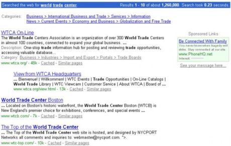 2001年9月11日にGoogleで「World Trade Center」を検索した結果