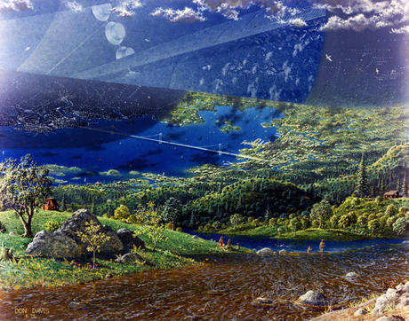 　円筒型スペースコロニーの終端部の1つを描いた画像。大きな水域に架かる吊り橋や、草木が茂る丘陵でピクニックを楽しむ家族が描かれている。