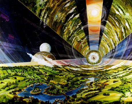 　円筒型スペースコロニーの内側から大きな窓を通して見える風景を描いた画像。