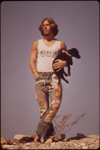 　オリジナルのキャプション：ルート66に飼い犬のTripperを連れて立つヒッチハイカー。ルート66はアリゾナ州トポックでコロラド川を渡る。1972年5月。

　米国立公文書館のローカル識別番号：NWDNS-412-DA-6626
