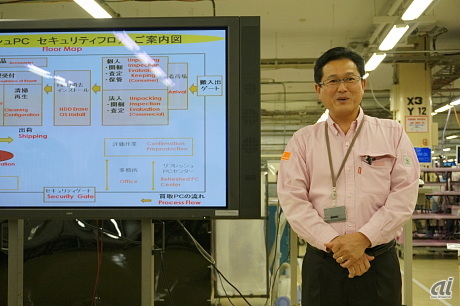 　このワンフロアで、すべての工程が行われている。リフレッシュPCを提供する目的は、循環型サイクルによるNECパソコン・ブランドイメージの向上だ。
　買い換えやすくするほか、新しいPCを生産する場合と比べて環境負荷を低減できる。
　写真は工場を案内するNECパーソナルコンピュータ 東日本テクニカルセンター センター長の星野敬正氏。