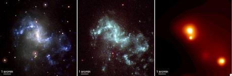 　「めちゃくちゃ銀河（Topsy Turvy Galaxy）」としても知られる「NGC 1313」は、棒渦巻銀河で、地球から1300万光年の距離のレチクル座にある。形が平らでなく、回転の軸が中心にないという点で、NGC 1313はユニークである。また、NGC 1313では現在、星の形成が活発に行われており、天文学者はそれを「スターバースト」と呼ぶ。

　左と中央の画像は、それぞれSwift紫外／可視光望遠鏡の可視光望遠鏡（v、b、およびuフィルター）と紫外望遠鏡（uvw1、uvm2、およびuvw2フィルター）で撮影されたものだ。右の画像には、SwiftのX線望遠鏡から観察したX線（0.2～10keV）が写っている。大質量ブラックホールと思われる超大光度X線源が急速にガスを降着させているのを確認できる。
