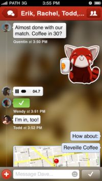 Pathの最新バージョンでは、ユーザーはプライベートメッセージに表情豊かなキャラクターの「ステッカー」を貼って送信することができる。ステッカーは1セット1.99ドルだ。