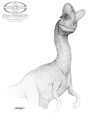 　アーティストのMark "Crash" McCreery氏が描いた、ディロフォサウルス（別名スピッター）のイメージ図は、「ジュラシック・パーク」でこの恐竜が見せる好奇心を見事にとらえている。